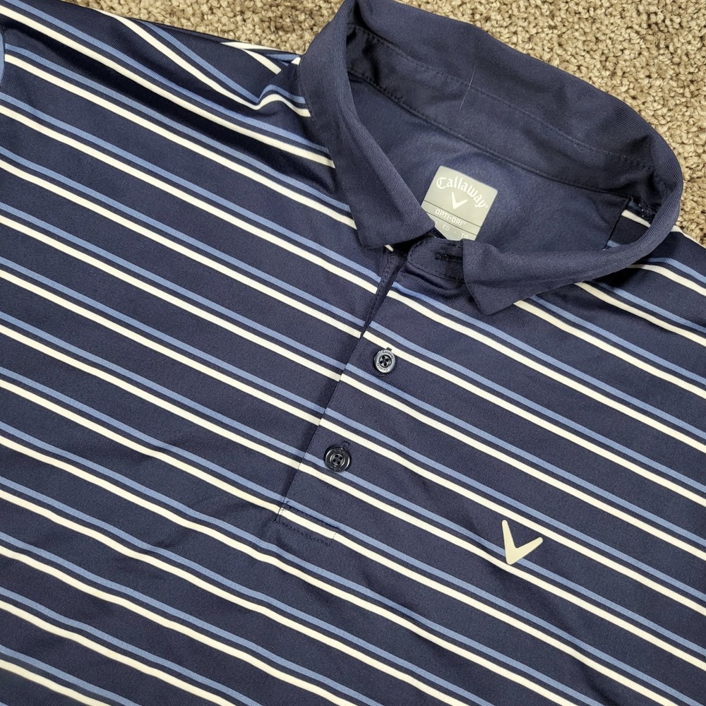 Callaway Polo Shirt Mens XL Navy Blue Excellent Opti-Dri Striped Short Sleeve